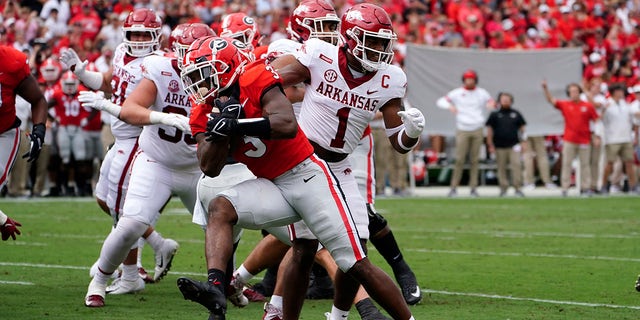Georgia running back Zamir White (3) gets past Arkansas defensive back Jalen Catalon (1) to score a touchdown during the first half of an NCAA college football game Saturday, Oct. 2, 2021, in Athens, Ga..