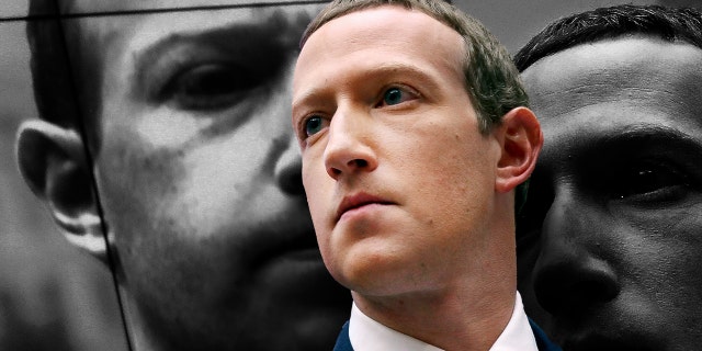 With an image of himself on a screen in the background, Facebook co-founder and CEO Mark Zuckerberg will testify before the House Financial Services Committee.