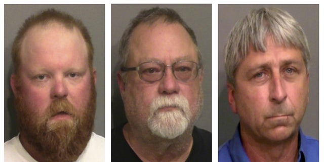 FILE-This combination of booking photos provided by the Glynn County, Ga., Detention Center, shows, from left, Travis McMichael, his father, Gregory McMichael, and William "Roddie" Bryan Jr. (Glynn County Detention Center via AP, File)