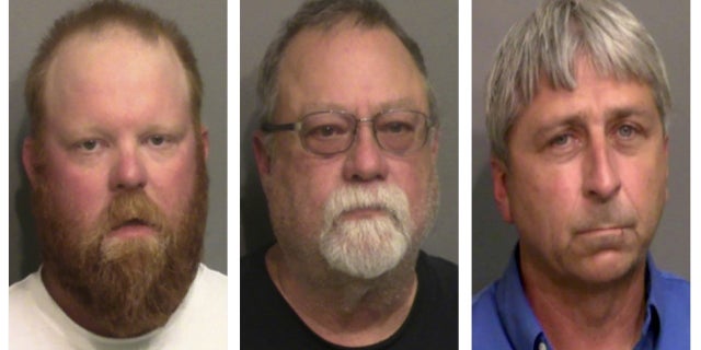 This combination of booking photos provided by the Glynn County, Ga., Detention Center, shows, from left, Travis McMichael, his father, Gregory McMichael, and William "Roddie" Bryan Jr.  (Glynn County Detention Center via AP, File)