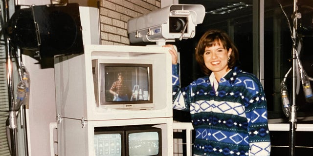 Amy Freeze in 1997 at KPTV in Portland, Oregon on the weather deck which was overlooking the Willamette River.