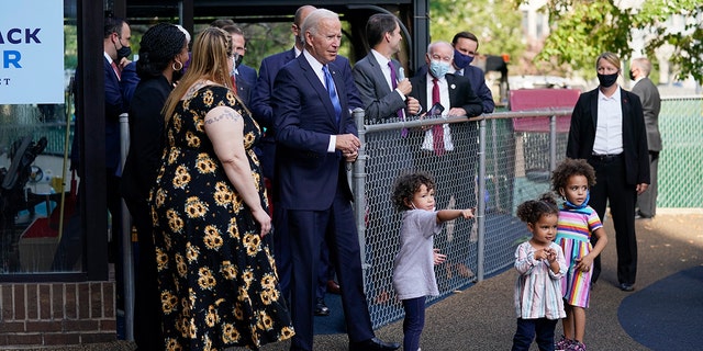 President Joe Biden visits the Capitol Child Development Center, Friday, Oct. 15, 2021, in Hartford, Conn. 