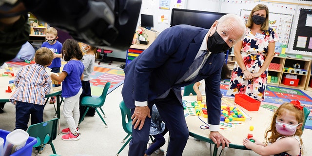 President Biden visits teacher Allison Hessemer’s pre-kindergarten class at East End Elementary School to highlight the early childhood education proposal in his Build Back Better infrastructure agenda in North Plainfield, N.J., Oct. 25, 2021.  