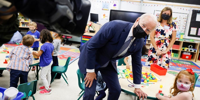 President Biden visits teacher Allison Hessemer’s pre-kindergarten class at East End Elementary School to highlight the early childhood education proposal in his Build Back Better infrastructure agenda in North Plainfield, N.J., Oct. 25, 2021.