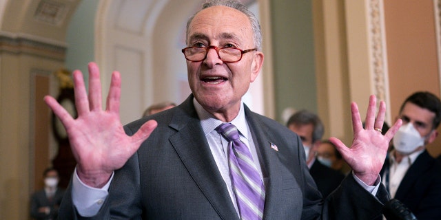 Senate Majority Leader Chuck Schumer, D-N.Y., speaks to reporters after a Democratic policy meeting at the Capitol in Washington, Tuesday, Oct. 5, 2021.