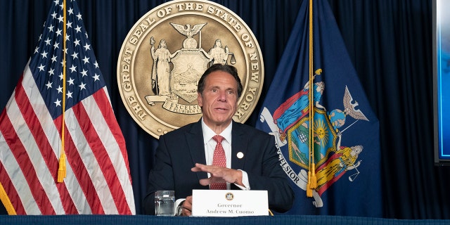 Andrew Cuomo, then-governor of New York, speaks about the COVID-19 delta variant during a press briefing.