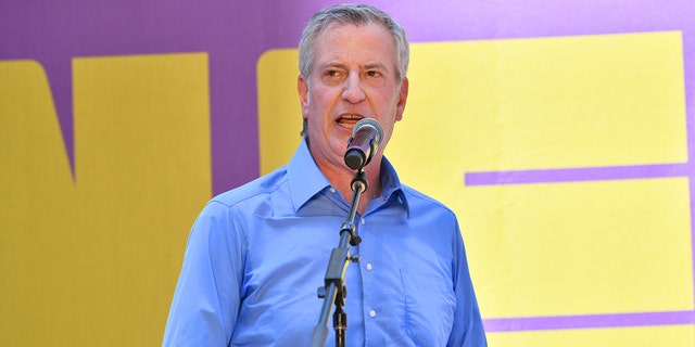 New York City Mayor Bill de Blasio speaks at "Let’s Get This Show on the Street: New 42 Celebrates Arts Education on 42nd Street" in June in Times Square.