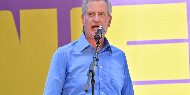 New York City Mayor Bill de Blasio speaks at "Let’s Get This Show on the Street: New 42 Celebrates Arts Education on 42nd Street" in June in Times Square.