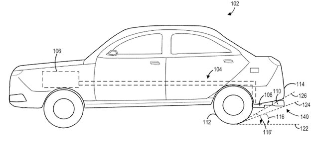 This simple patent drawing depicts how the rear departure angle is improved by retracting the tail pipe.