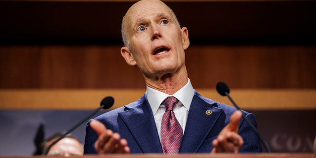 Sen. Rick Scott, R-Fla., speaks alongside other Republican senators during a press conference on rising gas and energy prices at the U.S. Capitol on Oct. 27, 2021 in Washington, D.C. (Photo by Samuel Corum/Getty Images)