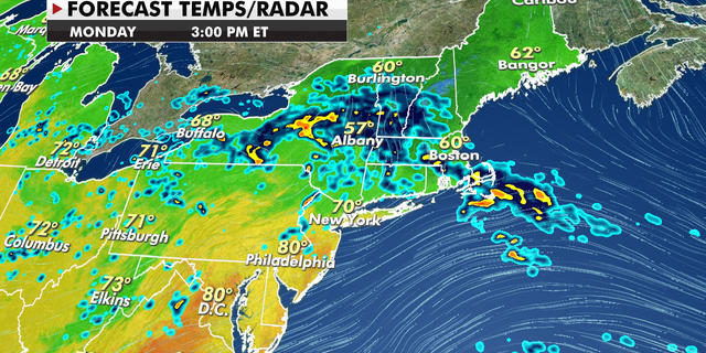 Expected temperature and radar conditions for Monday.