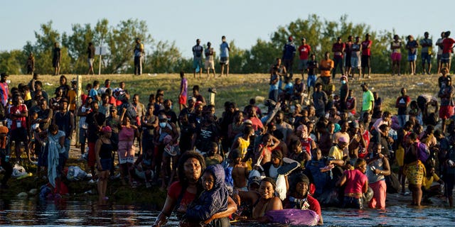 Haitian migrants in the Rio Grande as seen from Ciudad Acuna, Coahuila state, Mexico, on Sept. 20.