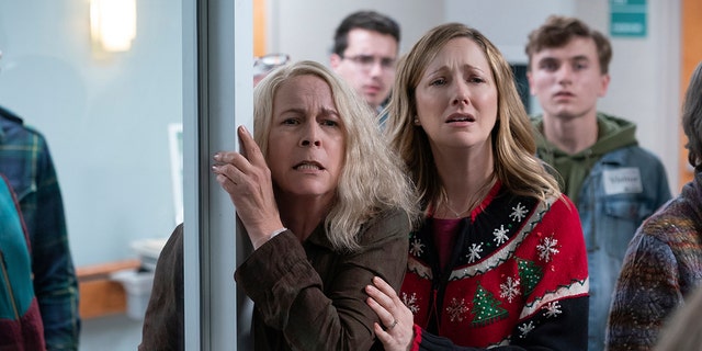 This image released by Universal Pictures shows Jamie Lee Curtis and Judy Greer in "Halloween Kills," directed by David Gordon Green. ()