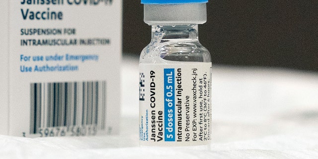This photo from March shows a vial of the Johnson &amp; Johnson COVID-19 vaccine at a hospital in Bay Shore, New York. Now, Americans are eligible for booster shots.