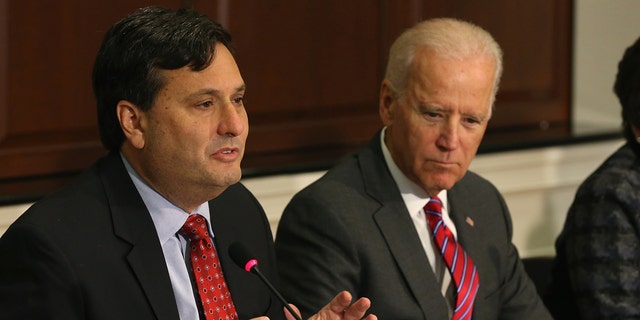 WASHINGTON, DC - NOVEMBER 13:  Ebola Response Coordinator Ron Klain (L), joined by  U.S. Vice President Joseph Biden (R), speaks during a meeting regarding Ebola at the Eisenhower Executive office building November 13, 2014 in Washington,  D.C. (Photo by Mark Wilson/Getty Images)