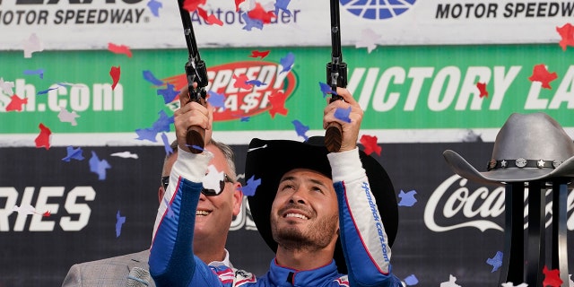 Kyle Larson celebrates the Texas Motor Speedway way after Sunday's championship final-qualifying win.