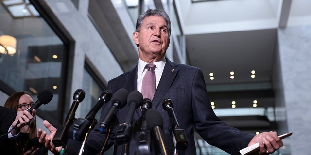 Sen. Joe Manchin (D-WV) speaks at a press conference outside his office on Capitol Hill on October 06, 2021 in Washington, DC. Manchin spoke on the debt limit and the infrastructure bill.