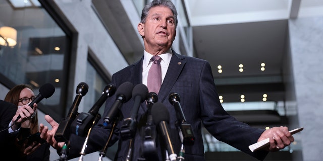 Sen. Joe Manchin (D-WV) speaks at a press conference outside his office on Capitol Hill on October 06, 2021 in Washington, DC. Manchin spoke on the debt limit and the infrastructure bill.