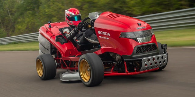 The Mean Mower is powered by a 200 hp engine from a Fireblade motorcycle.