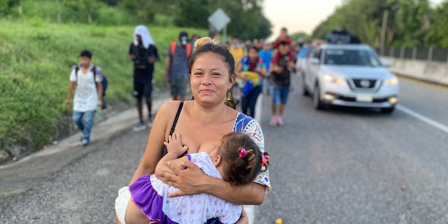 Oct 2021: A woman making up one of the thousands of migrants coming north as part of the migrant caravan.