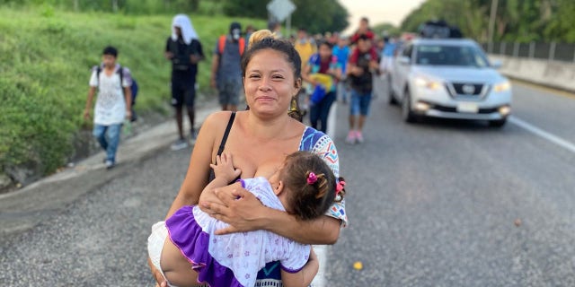 Oct 2021: A woman making up one of the thousands of migrants coming north as part of the migrant caravan.