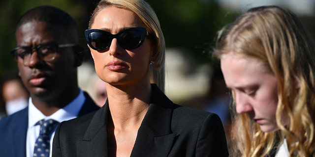 Paris Hilton joins congressional lawmakers during a press conference on upcoming legislation to establish a bill of rights to protect children placed in congregate care facilities, at the US Capitol in Washington, DC, on October, 20, 2021. - Congregate care are facilities such as group homes, foster care, residential treatment facilities, maternity homes, or emergency shelters.