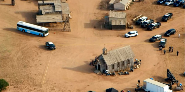 An aerial view of the film set on Bonanza Creek Ranch where Hollywood actor Alec Baldwin fatally shot cinematographer Halyna Hutchins