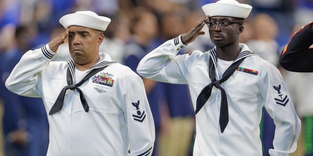 INDIANAPOLIS, IN - SEPTEMBER 12: US Navy service members are seen before the Indianapolis Colts and Seattle Seahawks game at Lucas Oil Stadium on September 12, 2021 in Indianapolis, Indiana. (Photo by Michael Hickey/Getty Images)