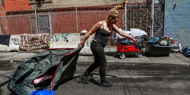 SAN FRANCISCO, CA - MAY 6: Homeless woman Tara Lowe hauls her belongings after street cleaning came through to clean Willow Street in the Tenderloin on Wednesday, May 6, 2020 in San Francisco, California. 