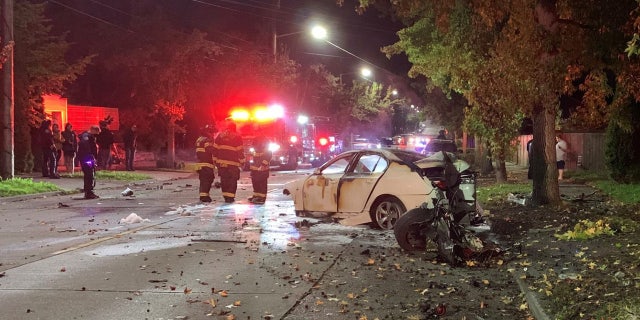 Pieces of the car flew off on impact with a tree and damages nearby homes and an unoccupied vehicle on Martin Luther King Jr. Way in Seattle on Monday night.