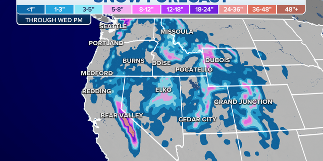 Expected snowfall totals through Wednesday night.