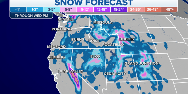 Expected snowfall totals through Wednesday night.