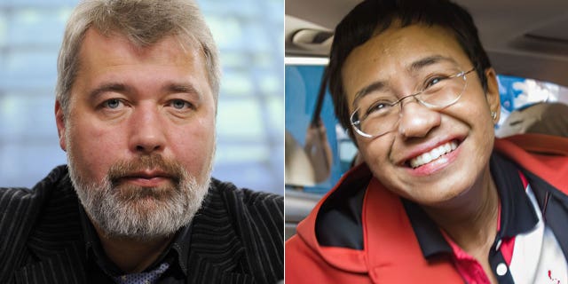 Nobel Peace Prize winners Dmitry Muratov of Russia . left, and Maria Ressa of the Philippines.