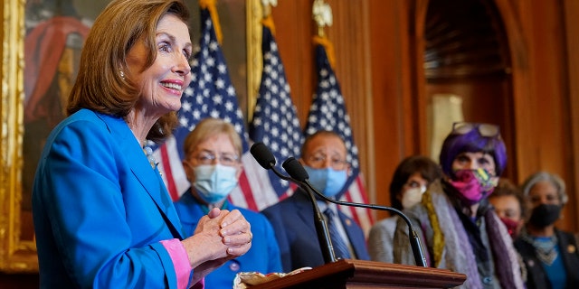 House Speaker Nancy Pelosi speaks before signing a House continuing resolution to keep funding the government, Sept. 30, 2021, on Capitol Hill in Washington.