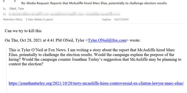 McAuliffe campaign email to Fox News