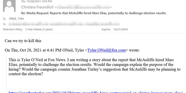 McAuliffe campaign email to Fox News