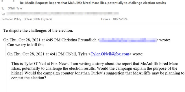 McAuliffe campaign email to Fox News