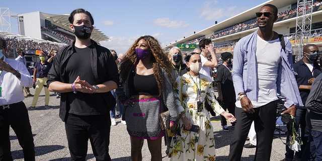 Serena Williams and her husband, Alexis Ohanian, were seen on the U.S. Grand Prix grid with retired NBA star Chris Bosh and his wife, Adrienne Bosh.