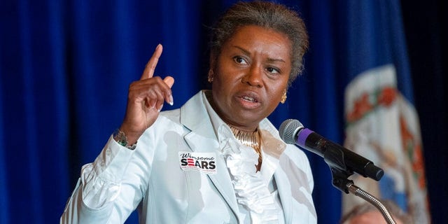 FILE - In this Sept. 1, 2021 file photo, Virginia Republican Lt. Governor candidate Winsome Sears addressing the Virginia FREE Leadership Luncheon in McLean, Va. Sears will face Democrat Hala Ayala in the November election. (AP Photo/Cliff Owen, File)