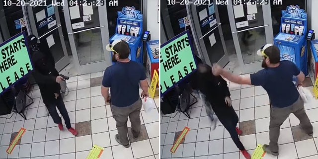 The 8-second-long surveillance video shows the Marine Corps veteran grabbing the handgun and tackling the juvenile suspect. The other two suspects fled the scene.