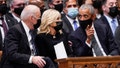 President Joe Biden and first lady Jill Biden talk with former President Barack Obama before the funeral for former Secretary of State Colin Powell at the Washington National Cathedral, in Washington, Friday, Nov. 5, 2021. (AP Photo/Andrew Harnik)