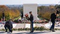 Soldiers with the 3rd U.S. Infantry Regiment, known as "The Old Guard," move flowers during a centennial commemoration event at the Tomb of the Unknown Soldier in Arlington National Cemetery on Nov. 10, 2021.