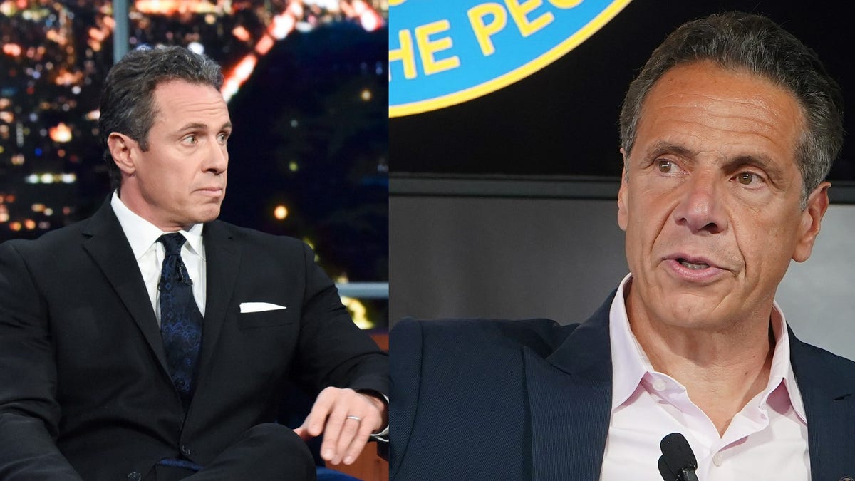 LEFT: NEW YORK - JANUARY 23: The Late Show with Stephen Colbert and guest Chris Cuomo during Thursday's January 23, 2020 show. RIGHT: NEW YORK, NEW YORK - JUNE 09: New York Gov. Andrew Cuomo speaks during the opening ceremony for the Tribeca Film Festival on June 9, 2021 in New York City. 