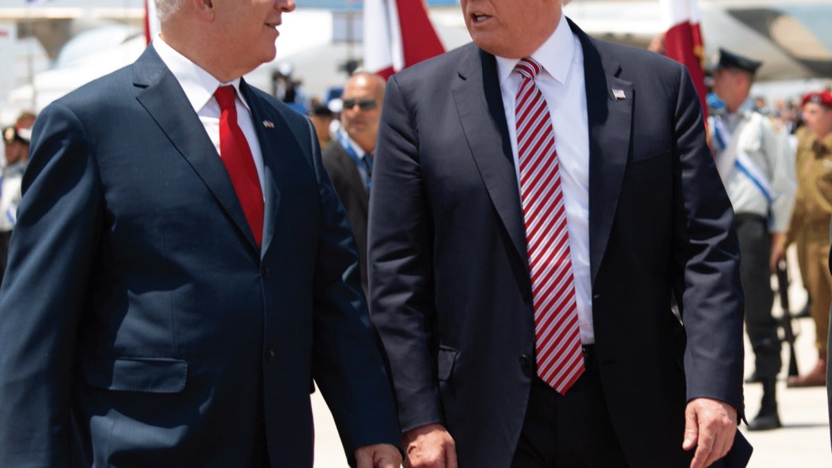 Former President Trump, right, walking with former Israeli Prime Minister Bibi Netanyahu, left.?