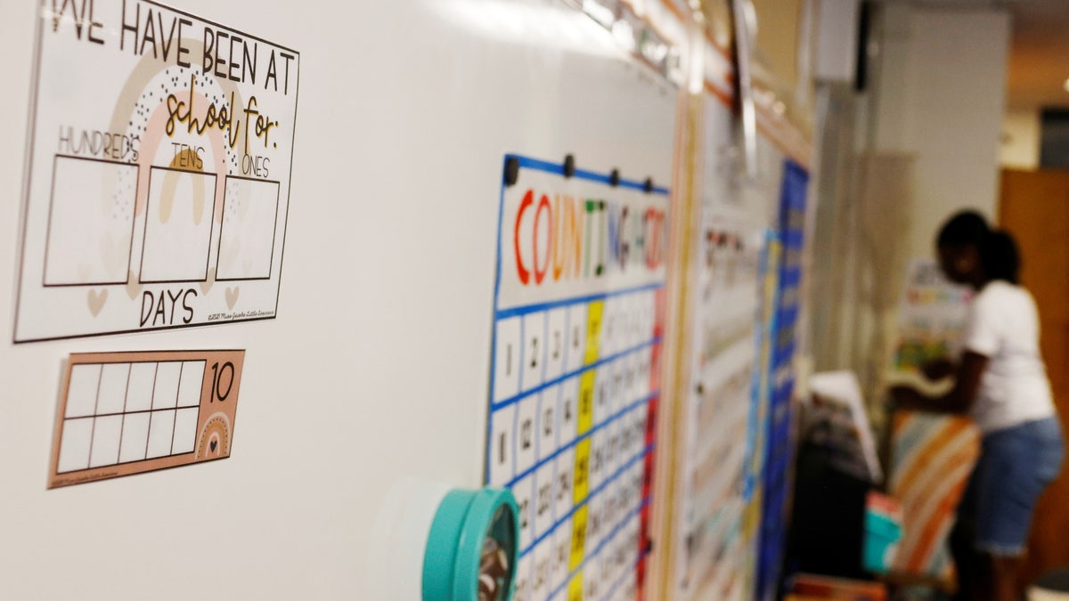 A sign counting the number of days in school hangs on the wall as kindergarten teacher Princess Bryant prepares her classroom for students who will be required to wear masks because of the coronavirus disease (COVID-19) pandemic at the start of the school year, at the Tynan Elementary School in Boston, Massachusetts, U.S., September 7, 2021. REUTERS/Brian Snyder