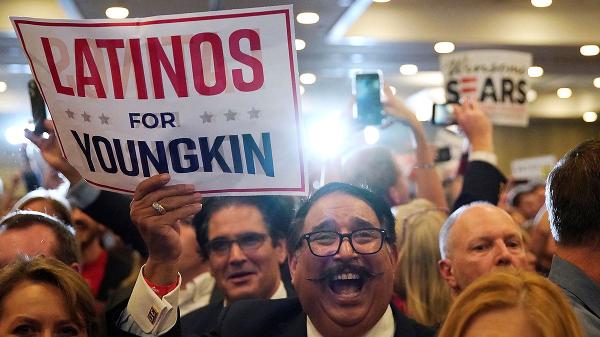Latinos for Youngkin Republican supporter waits for governor election results at hotel in Chantilly