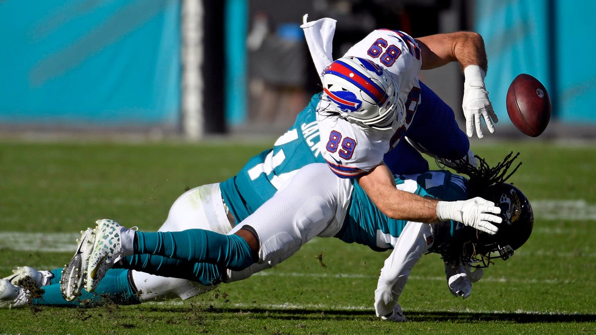 Jaguars defensive back Shaquill Griffin forces a fumble on Buffalo Bills tight end Tommy Sweeney at TIAA Bank Field on Nov. 7, 2021, in Jacksonville, Florida. (Melina Myers-USA TODAY Sports)
