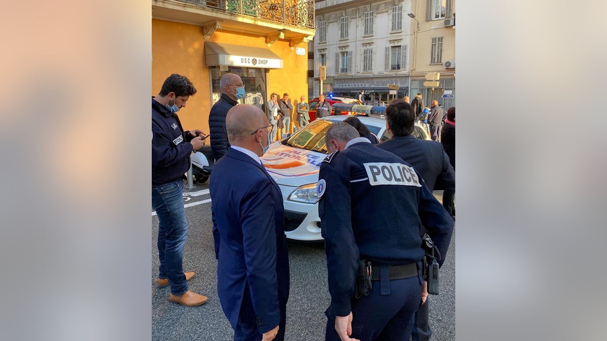 Member of French parliament Eric Ciotti visits the police station where, according to reports, a police official was injured after being stabbed with a knife, in Cannes, France, November 8, 2021. Twitter/ECiotti/via REUTERS