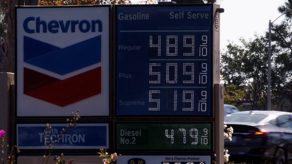 Gas prices rise along with inflation as this sign at a gas station shows in Carlsbad, Calif., Nov. 9, 2021.  