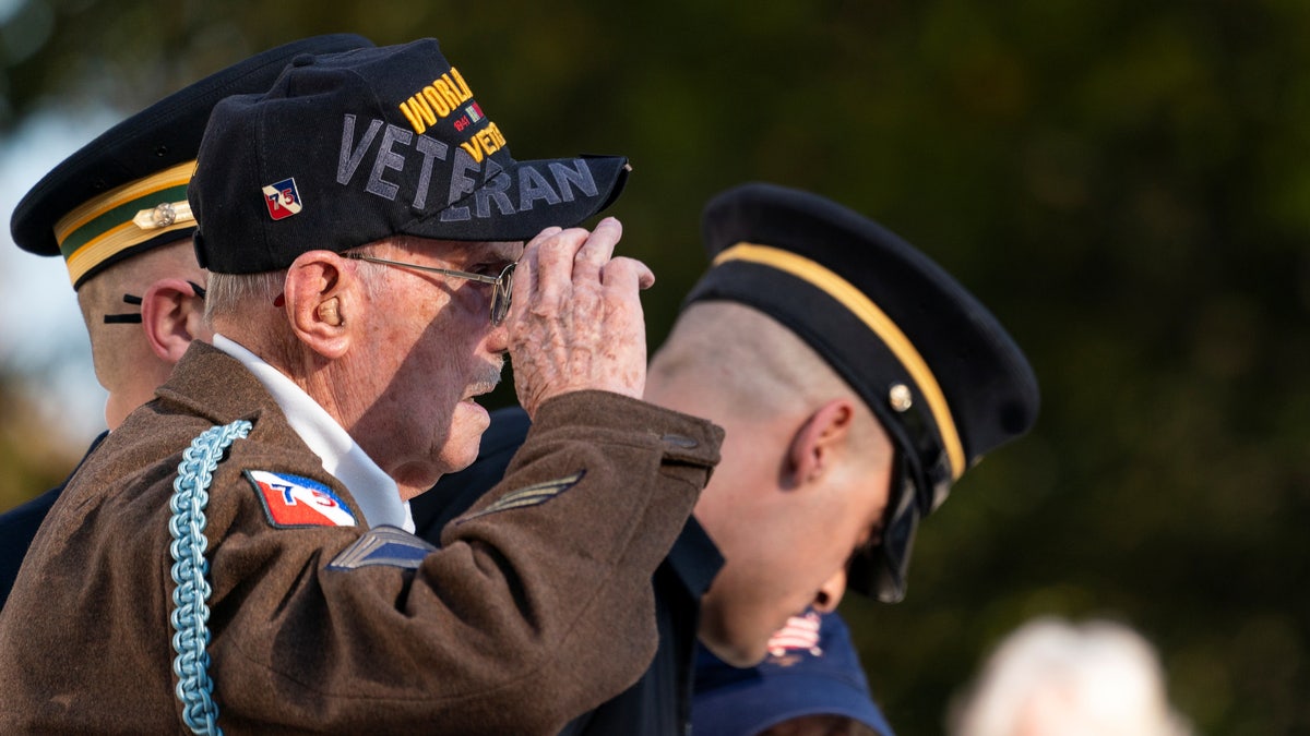 Darrell Bush, 96, a former U.S. Army Staff Sgt., from Camp Springs, Md., and a WWII veteran of the Battle of the Bulge, salutes after placing a flower during a centennial commemoration event at the Tomb of the Unknown Soldier, in Arlington National Cemetery, in Arlington, Virginia, U.S., November 10, 2021. Alex Brandon/Pool via REUTERS